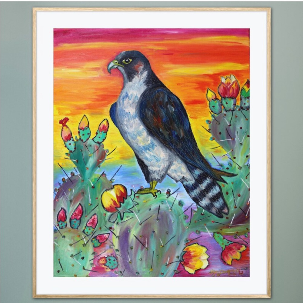 Falcon Cactus Desert Sunset Southwest Art Print Oil Painting Whimsical Colorful